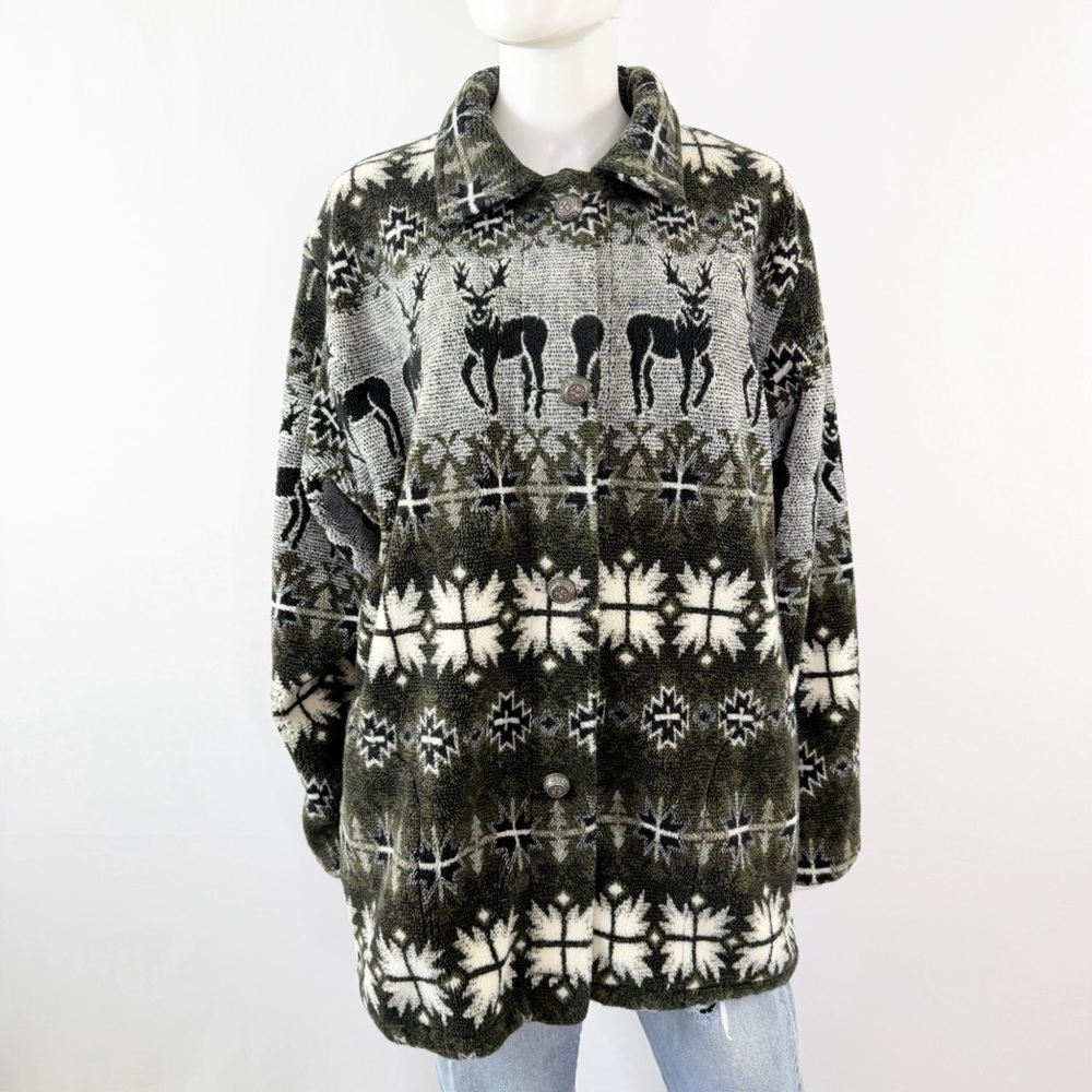 Sunbuster Reindeer Fair Isle Fleece Jacket Size L Oversized Cabincore Mountains